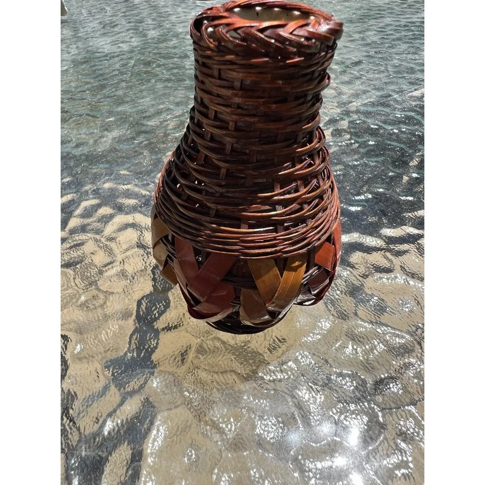 Vintage Brown Woven Basket Bud Vase with Ceramic Insert Boho Decor 4